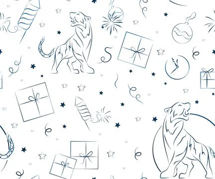 Seamless pattern with tiger head, cloud, peony flower in light blue ink color Stock Illustration