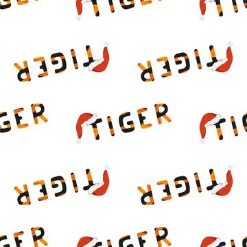 Seamless pattern with tiger letters and word in red Santa hat イラスト素材