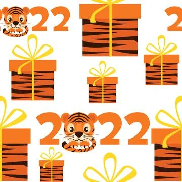 Seamless pattern tiger new year 2022 with gifts for graphic design. Illustrazione stock