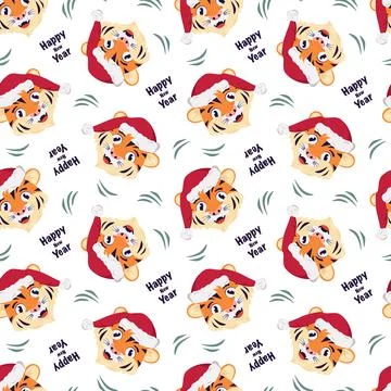 Seamless pattern with a tiger in a red Santa hat Stock Illustration