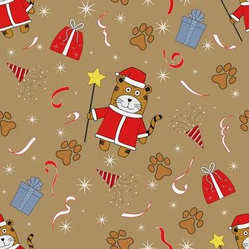 Seamless pattern with a tiger in a Santa costume Stock Illustration