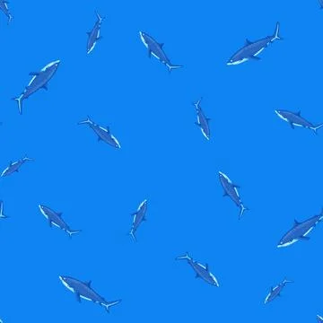 Seamless pattern Tiger shark bright blue background. Blue texture of marine f 스톡 일러스트