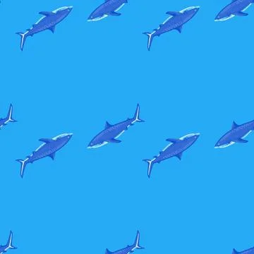Seamless pattern Tiger shark bright blue background. Blue textured of marine  Stock Illustration