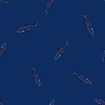 Seamless pattern Tiger shark dark blue background. Gray texture of marine fis Illustrazione stock