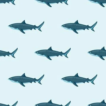 Seamless pattern Tiger shark light background. Green textured of marine fish  Stock Illustration
