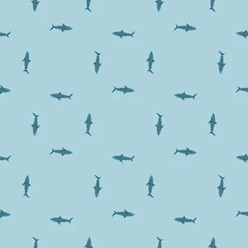 Seamless pattern Tiger shark light blue background. Blue textured of marine f Stockillustratie