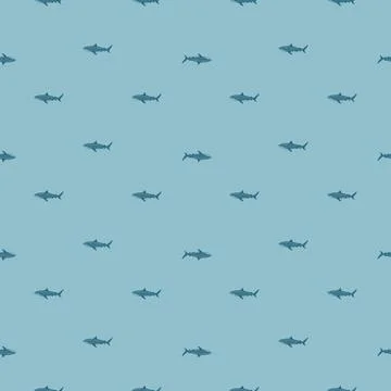 Seamless pattern Tiger shark pastel blue background. Gray textured of marine  Stock Illustration