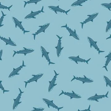 Seamless pattern Tiger shark pastel blue background. Gray textured of marine  스톡 일러스트