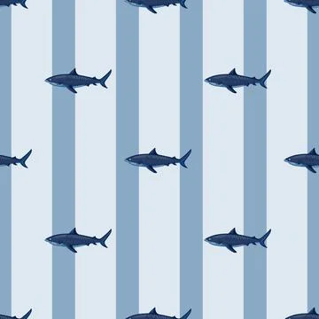 Seamless pattern Tiger shark on striped blue background. Texture of marine fi Stock Illustration
