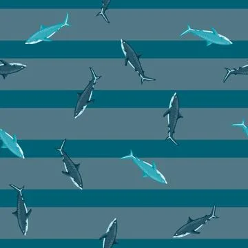 Seamless pattern Tiger shark on striped gray teal background. Texture of mari Stockillustratie
