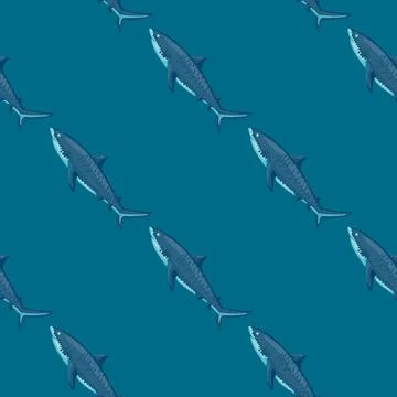 Seamless pattern Tiger shark teal background. Textured of marine fish for any Stock Illustration
