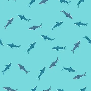 Seamless pattern Tiger shark on turquoise gray background. Texture of marine  Illustrazione stock