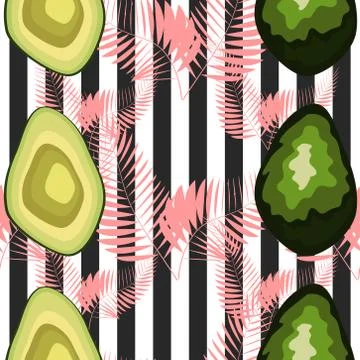 Seamless pattern with tiger stripes and tropical fruits and leaves. Pattern w 스톡 일러스트