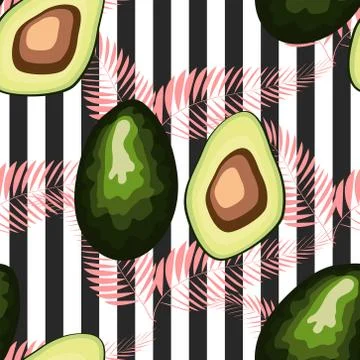 Seamless pattern with tiger stripes and tropical fruits and leaves. Pattern w 스톡 일러스트