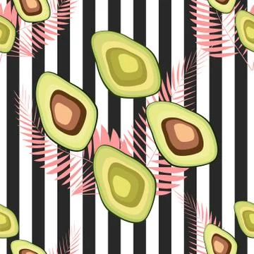 Seamless pattern with tiger stripes and tropical fruits and leaves. Pattern w イラスト素材