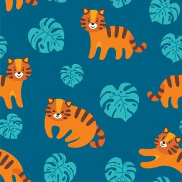 Seamless pattern with tigers and monstera leaves. Exotic plant and cat. Vector Stock Illustration