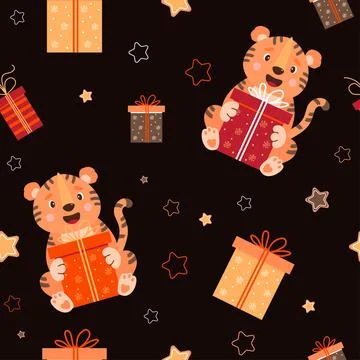 Seamless pattern with tigers. cute striped animal sits with a big gift on black  Stockillustratie