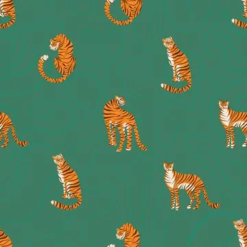 Seamless pattern with tigers on a green background. Fashionable fabric design. Stock Illustration
