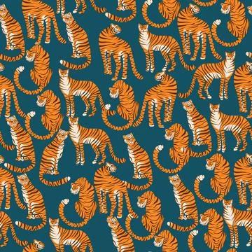 Seamless pattern with tigers. Orange predators drawn with wax crayons. Stock Illustration