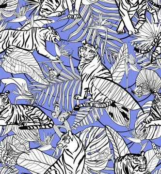 Seamless pattern  with tigers, tropic leaves and butterflies Illustrazione stock