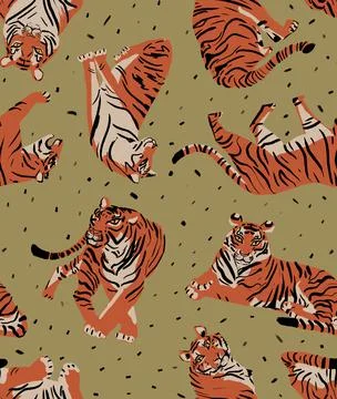 Seamless pattern with tigers in various poses on vintage background. Stockillustratie