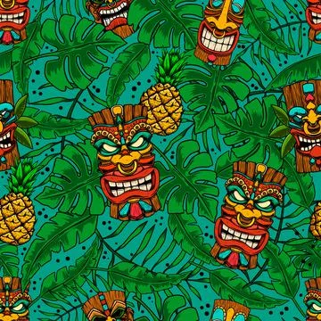 Seamless pattern with tiki idols and palm leaves. Design element for poster,  Stock Illustration