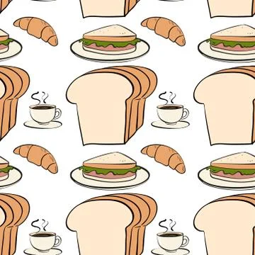 Seamless pattern tile cartoon with bread and coffee Stock Illustration