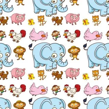 Seamless pattern tile cartoon with elephant, pig, chicken and monkey 스톡 일러스트