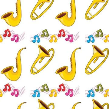 Seamless pattern tile cartoon with sax, trumpet and musical notes Illustrazione stock