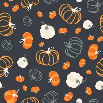 Seamless Pattern tile of hand drawn pumpkins on dark background Stock Illustration