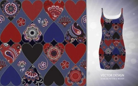 Seamless pattern tile with mandalas and heart. Vintage decorative elements. Hand Stock Illustration