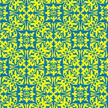 Seamless pattern tile in oriental style. Blue and yellow background. Geometric  Stock Illustration