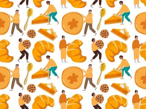 Seamless pattern with Tiny Characters Presenting Homemade pastries. People Stock Illustration
