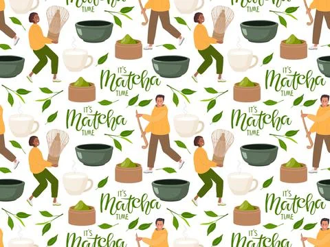 Seamless pattern with Tiny people cooking green matcha tea, Traditional japanese Stock Illustration
