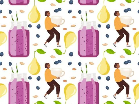 Seamless pattern with Tiny woman coopking Blueberry pear smoothie. Blueberry Stock Illustration