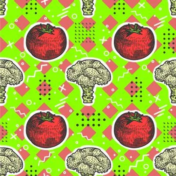 Seamless pattern with tomato and cauliflower with geometric forms in the styl Stock Illustration
