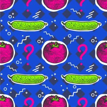 Seamless pattern with tomato and cucumber with geometric forms in the style o Stock Illustration