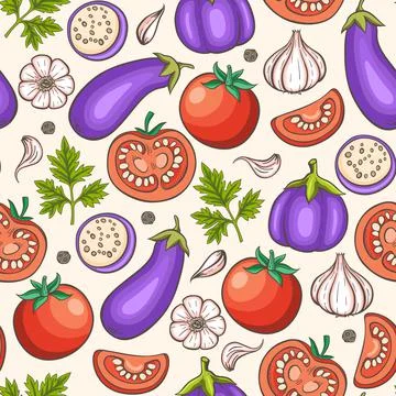 Seamless pattern with tomato and eggplants. Stock Illustration