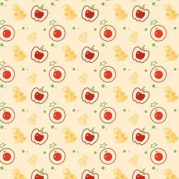 Seamless pattern with tomato, bell pepper, and hard cheese. Breakfast wallpaper Stock Illustration