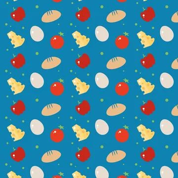 Seamless pattern with tomato, bread, and hard cheese. Breakfast wallpaper on a Illustrazione stock