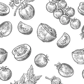 Seamless pattern with Tomato, half and slice. Stock Illustration