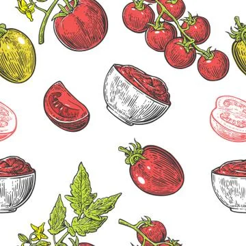 Seamless pattern with Tomato half, slice and branch. Stock Illustration