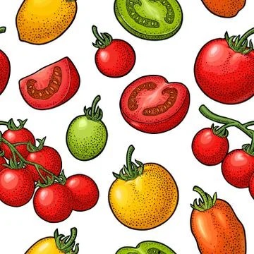 Seamless pattern with tomato half, slice and branch. Stock Illustration