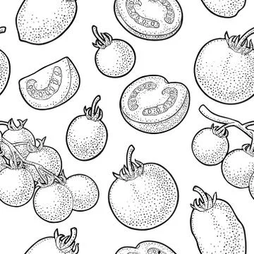 Seamless pattern with tomato half, slice and branch. Stock Illustration