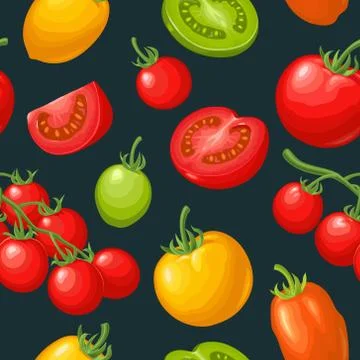 Seamless pattern with tomato half, slice and branch. Stock Illustration