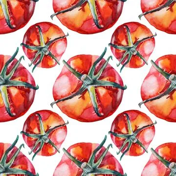 Seamless pattern with tomato on white background. Watercolor red hand-drawn Stock Illustration