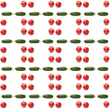 Seamless pattern of tomatoes and cucumbers on a white background Stock-Fotos