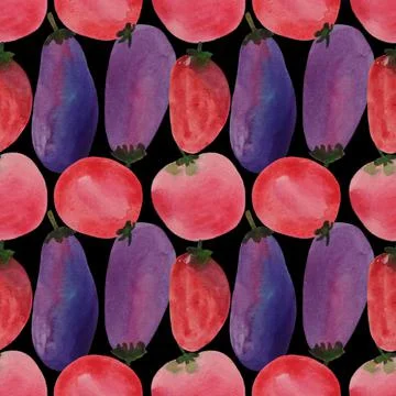 Seamless pattern with tomatoes and eggplants on a black background. Stock Illustration