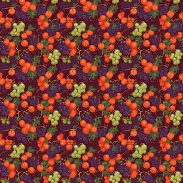 Seamless pattern of tomatoes and grapes on a burgundy background Stock Photos
