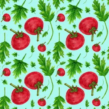 Seamless pattern with tomatoes and herbs on a turquoise background. Stock Illustration
